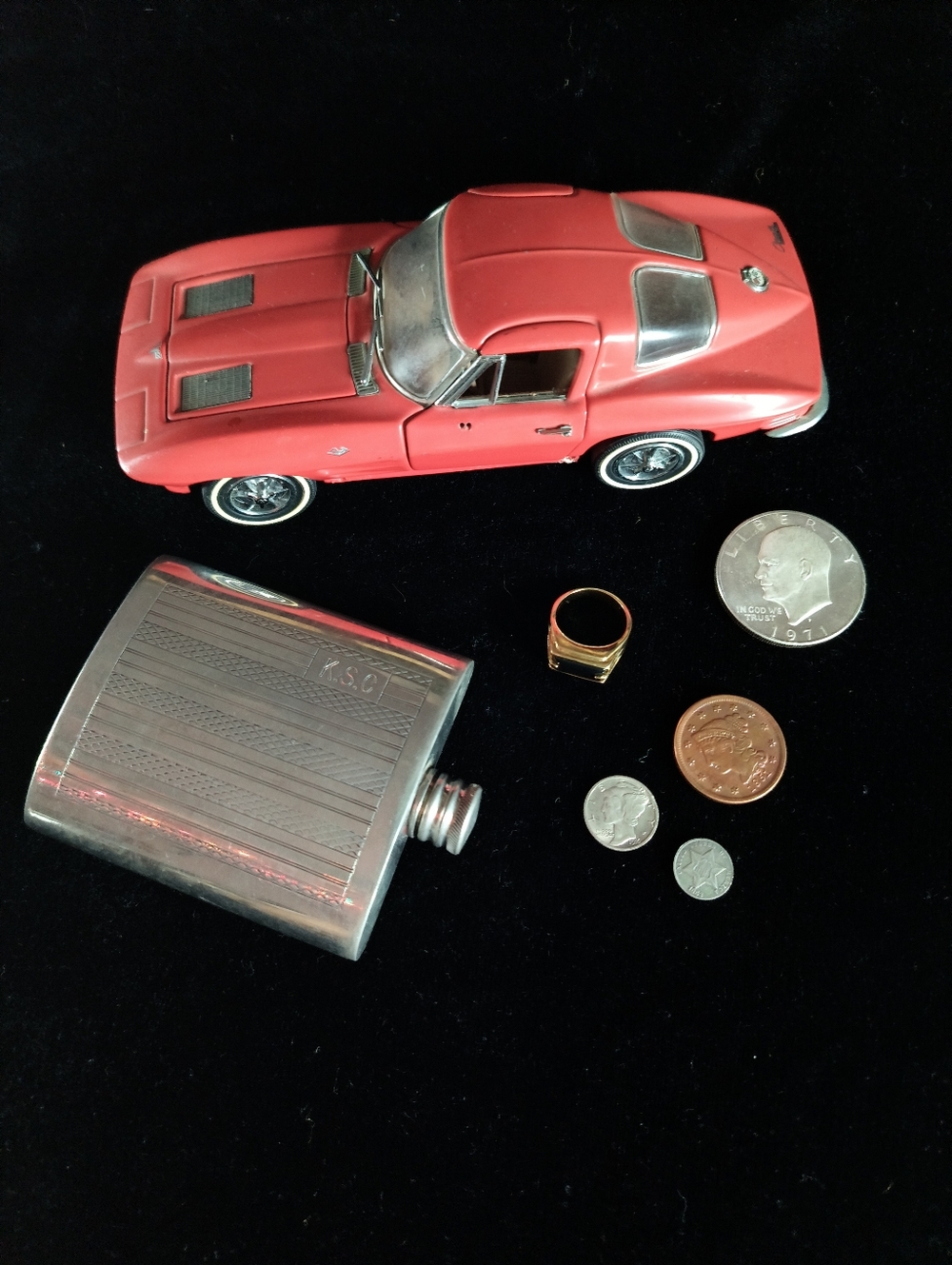 Grandpa's vintage antique lot - corvette - flask -  ring-  coins
